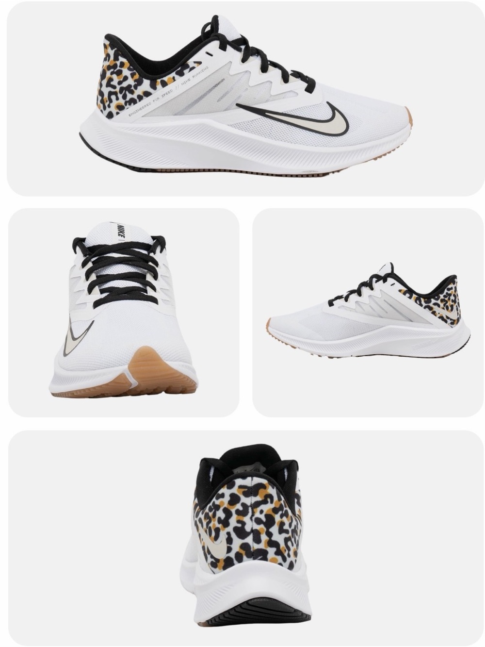 Nike Women’s White and Black Sneakers with Leopard Heel Accent